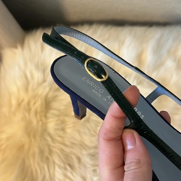 Italian | Enrico Antinori | Blue Green Velvet Leather Kitten Heel - Picture 7 of 11